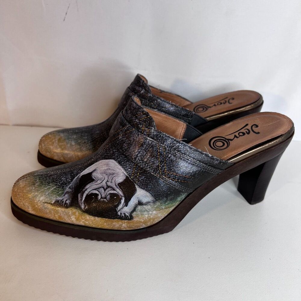 Icon "Pug in Denim"‎ Leather High Heel Mules Slip On Clog Size 10M
